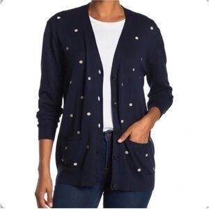 J. Crew Women’s Navy and White Polka Dot “Boyfriend” V Neck Cardigan Sweater